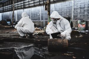 Workers in Protective Suits Checking Chemicals in Old Factory.