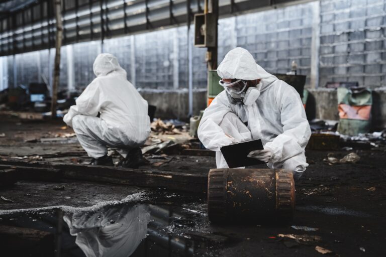 Workers in Protective Suits Checking Chemicals in Old Factory.